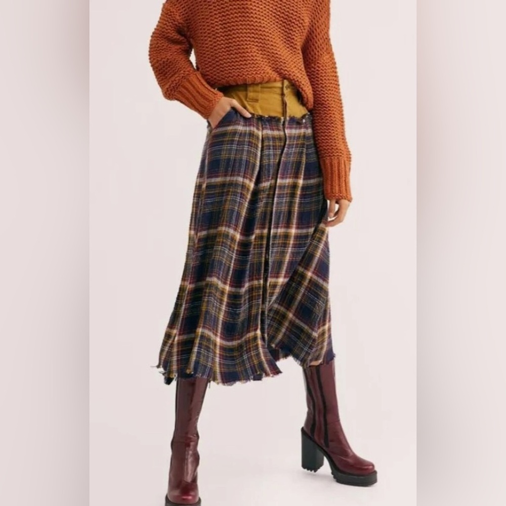 Free People Women’s Avril Plaid Skirt Navy/ Olive Mixed Media Boho Grunge 6